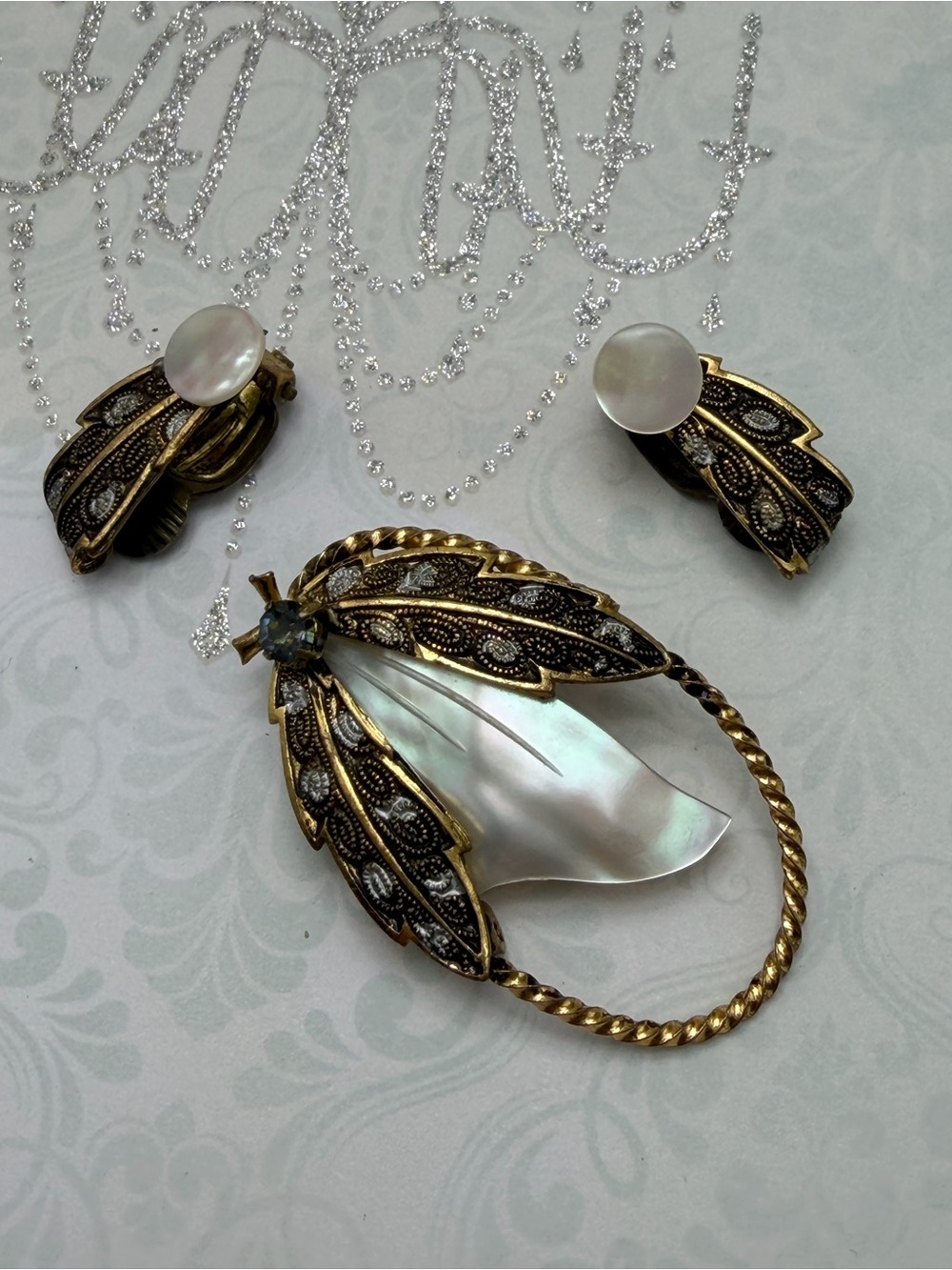 Vintage Damascene Mother of Pearl Floral Brooch and Earrings Set